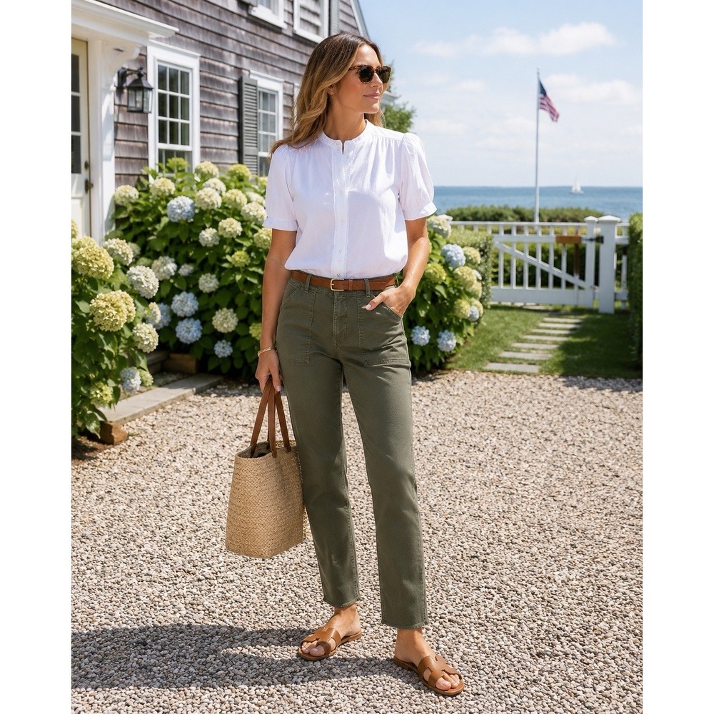 Nili Lotan Jenna Pants 8 Army Green Quiet Luxury Raw Hem Ankle Crop Coastal Chic